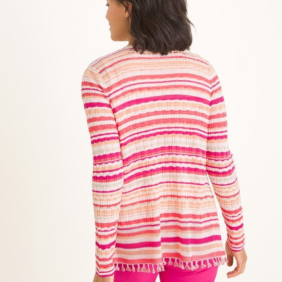 Chicos Womens Wave Tassel Cardigan Sweater Orange Pink Stripe Chicos 1=Medium - Picture 2 of 13